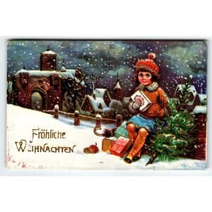 Frohliche Weihnachten Christmas Postcard German Embossed Gel Gold Rokat Fröhlich